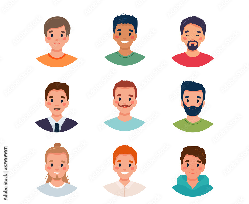 Men avatar set. Diversity group of cute young men. Vector illustration in flat style Men avatar set. Diversity group of cute young men. Vector illustration in flat style