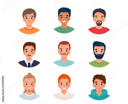 Men avatar set. Diversity group of cute young men. Vector illustration in flat style