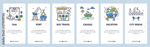 Summer vacation. Bus travel, water cruises, city break. Mobile app onboarding screens, vector website banner template.