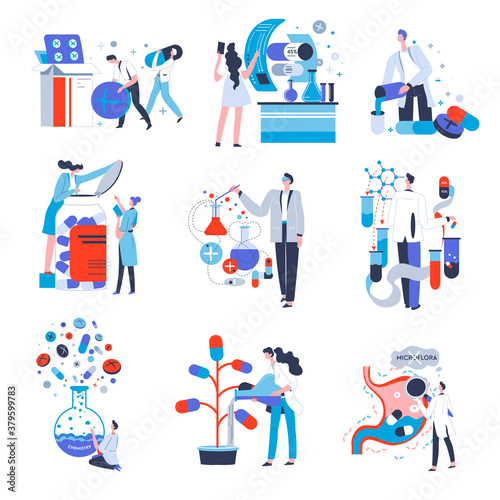 Professional pharmaceutical worker in laboratory with pills vector