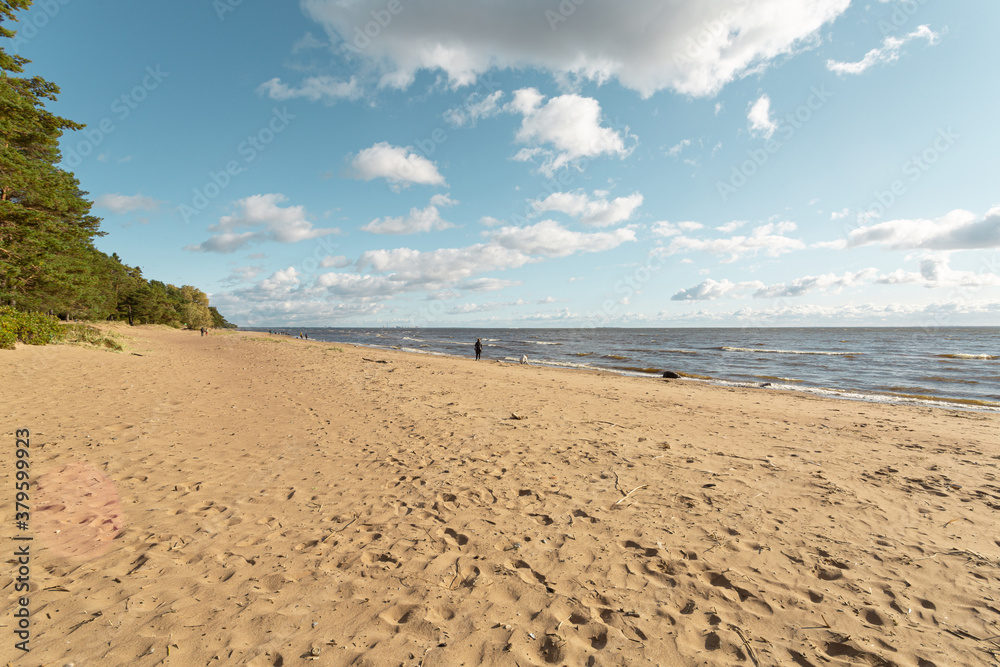 Picturesque sandy beach with cloudy sky in Komarovo, Saint Petersburg, Russia.