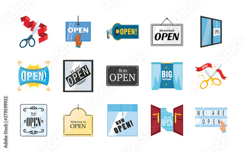 we are open detailed style set of icons vector design