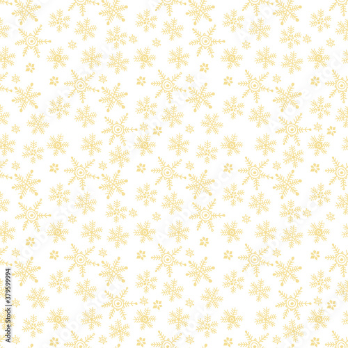 Gold snowflakes on white. Seamless vector background with hand-drawn snowflakes. Christmas or New Year background.