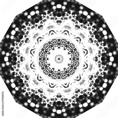 Halftone ornament, monochrome pattern. Drawing vintage style. Grunge texture. Points vintage drawing. Abstract art symbol, logo. Modern symmetric pattern. Festive art backdrop. Creative vector element