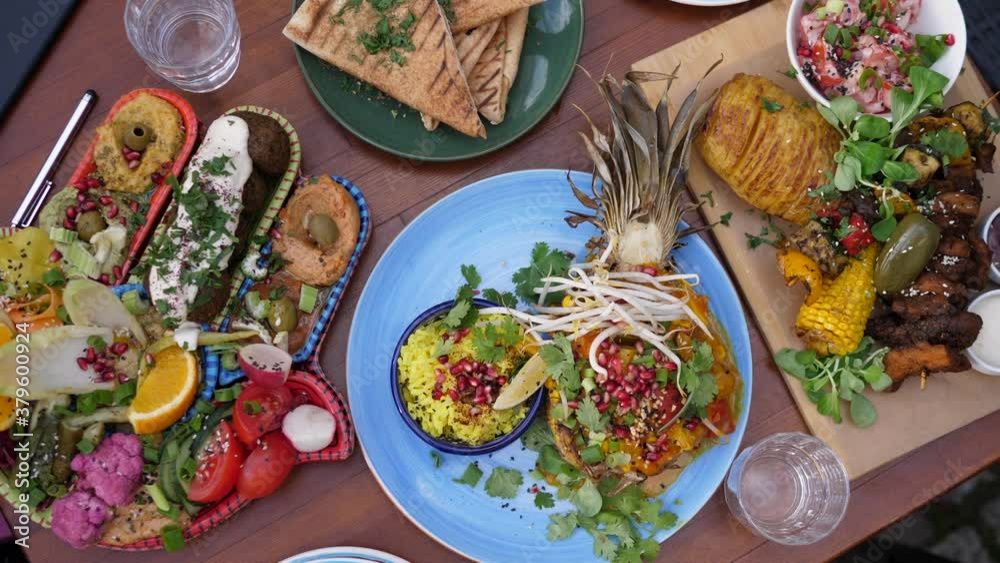 Vegan friendly dishes from around the world. Curry, meze plate and barbecue. Healthy lifestyle Vegan friendly dishes from around the world. Curry, meze plate and barbecue. Healthy lifestyle