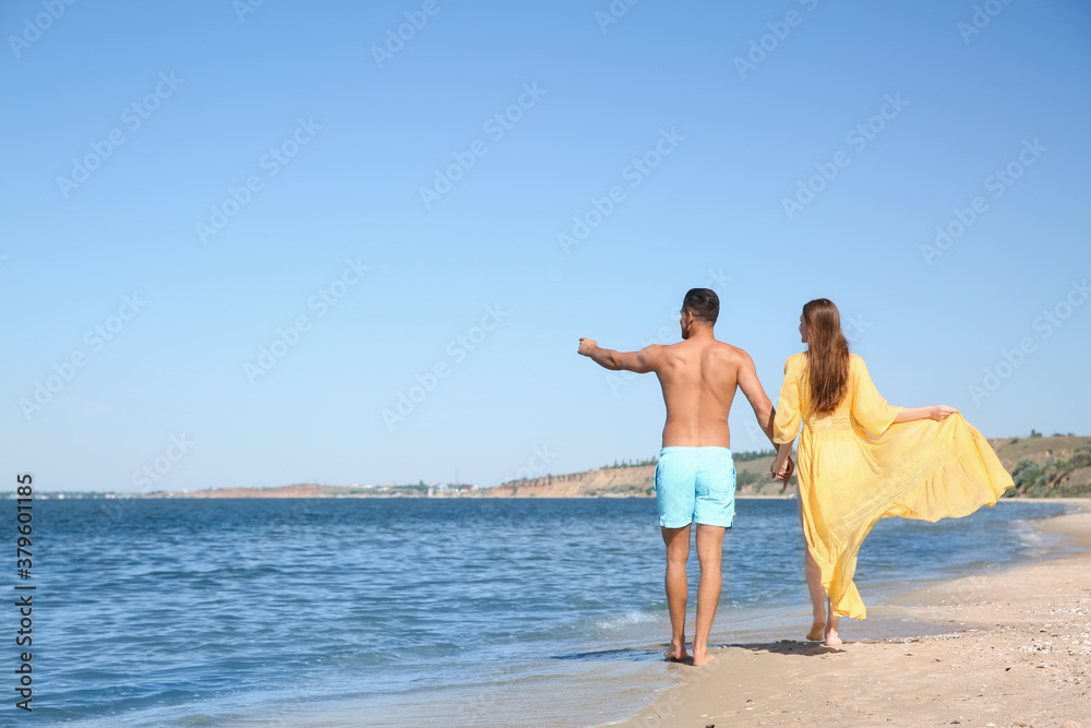 Woman in bikini and her boyfriend on beach, back view with space for text. Lovely couple