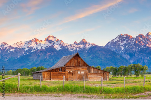 The abandoned barn in the Mormon Row, Wyoming with Grand Tetons view.