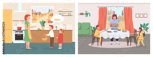 Fall seasonal dinner flat color vector illustration set. Mother with children celebrate Thanksgiving. Mom give kids apple pie. Family 2D cartoon characters with interior on background collection