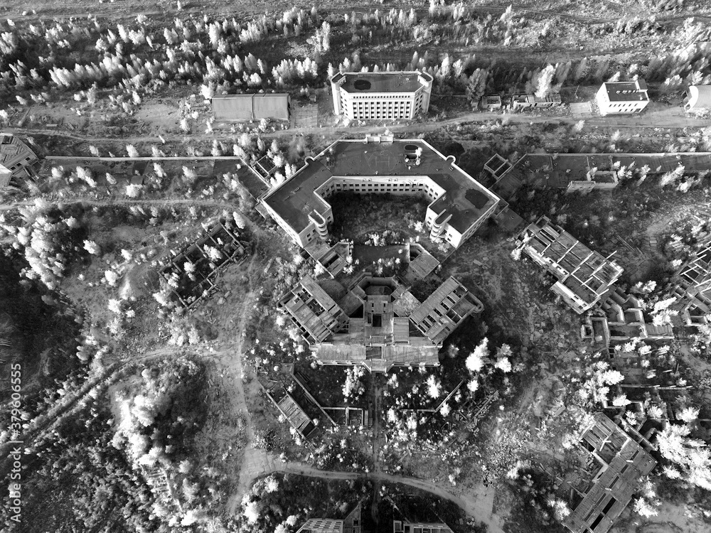Abandoned construction site of Hospital. (aerial drone image)Abandoned at 1991,during Ukrainian undependence crisis. Kiev Region,Ukraine(drone image,infrared filter)