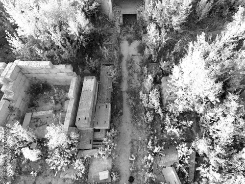 Abandoned construction site of Hospital. (aerial drone image)Abandoned at 1991,during Ukrainian undependence crisis. Kiev Region,Ukraine(drone image,infrared filter)