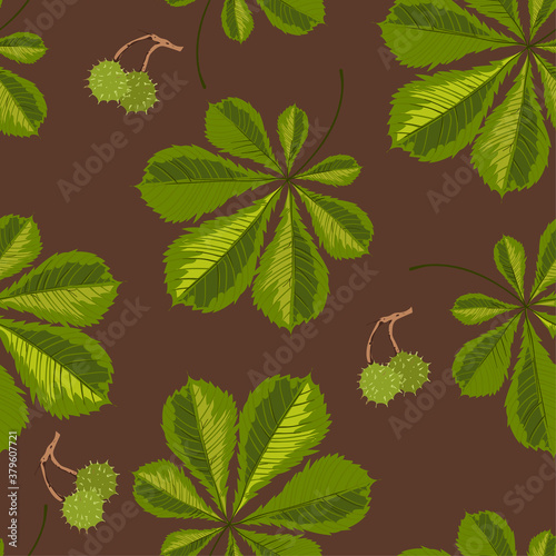 Chestnut tree leaves and berries with thorns seamless pattern