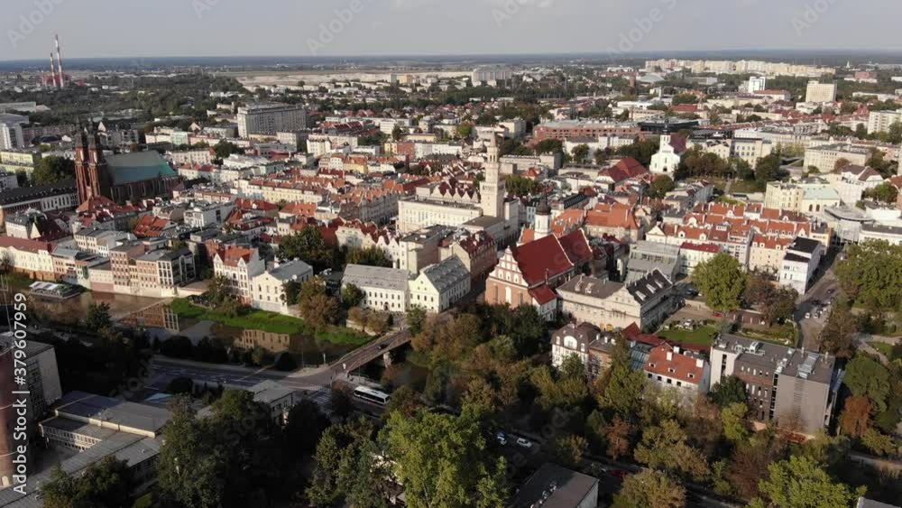 Opole , aerial view of Old Town and the river Oder. Poland, spring day. Drone shot on sunset time.4K, UHD, Cinematic Opole , aerial view of Old Town and the river Oder. Poland, spring day. Drone shot on sunset time.4K, UHD, Cinematic