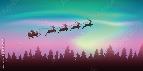 christmas banner santa claus in a sleigh with reindeer on polar light background vector illustration EPS10