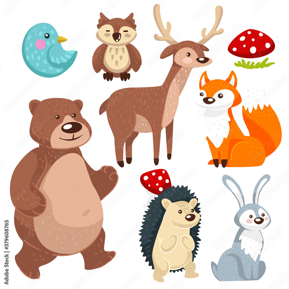 Naklejka premium Woodland animals, flora and fauna of forest vector