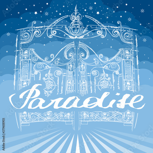 Gate to Paradise In clouds. Vector heavenly gates in Eden. entrance to kingdom of heaven. Gods dwelling. meeting with God, symbol of Christianity.