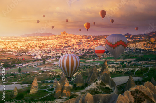 Colorful morning with flying balloons over spectacular Cappadocia, Turkey