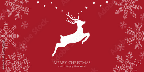 red christmas greeting card with jumping deer and snowflake border vector illustration EPS10