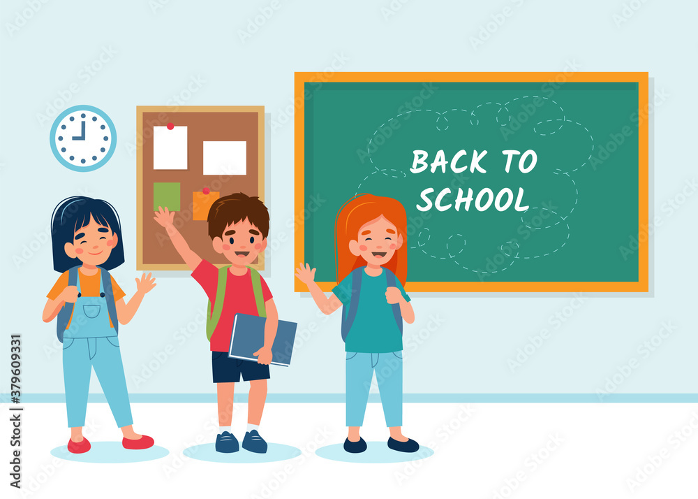 Children in class with a chalkboard, back to school concept, cute characters. illustration in flat style Children in class with a chalkboard, back to school concept, cute characters. illustration in flat style