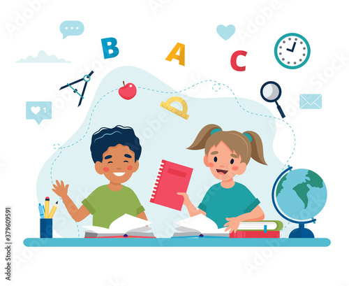 Children in class reading, back to school concept, cute characters. illustration in flat style