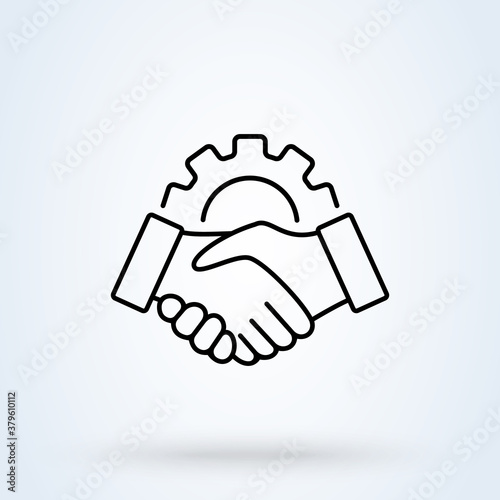 Smart Contract Setup Gear sign line icon or logo. Handshake or part of the square concept. Physical Systems and handshake gear linear vector illustration.