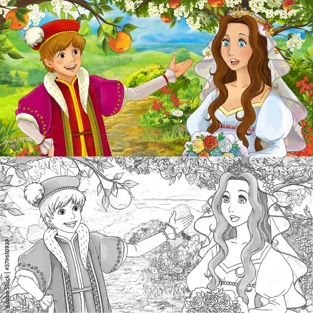 cartoon scene princess in the forest orchard illustration cartoon scene princess in the forest orchard illustration