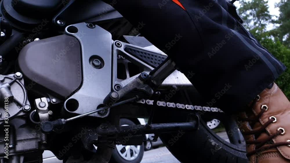 Motorcycle close-up gear lever action