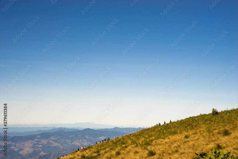 Mountain landscape with blue sky.