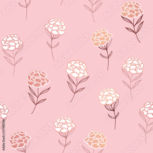 Vector Beautiful Rosegold Peonies on Pink seamless pattern background.