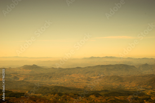 Mountain landscape with blue sky.