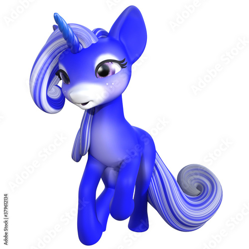 3d illustration of a cute blue toon unicorn 