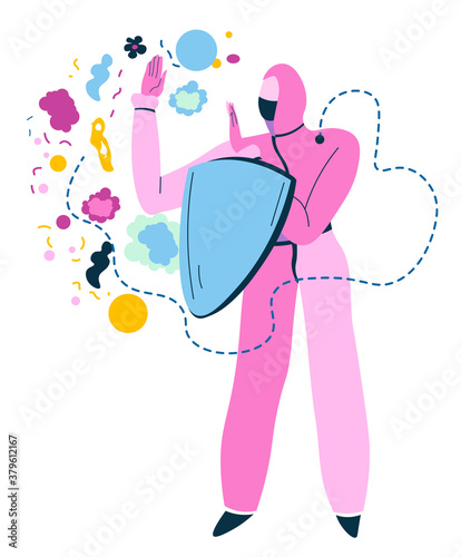 Medical worker wearing hazmat suit with shield fighting against viruses