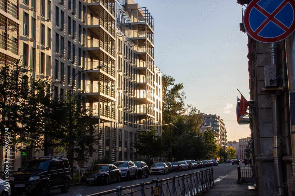 Russia, Pushkin-August 21, 2020:urban photo with apartment buildings in the evening