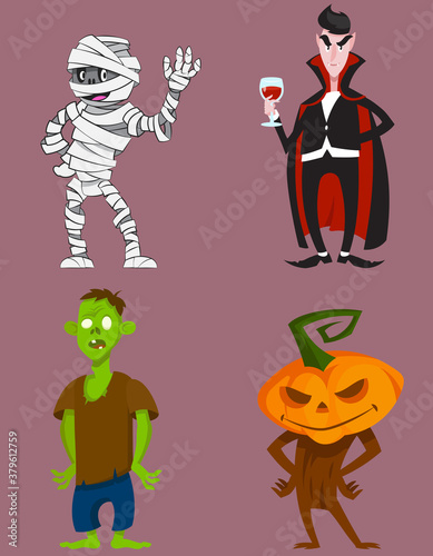 Set of standing monsters. Halloween characters in cartoon style.