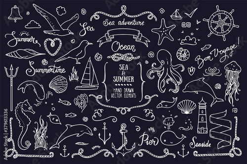 Sea life  ocean trip  summer marine cruise  summertime doodles  lettering. Big collection of hand drawn illustration. Lighthouse  octopus  anchor  jellyfish  cordage frame. Vector clipart collection.