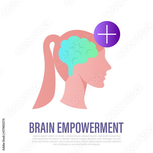 Empowerment: silhouette of girl's head with brain and sign 'plus'. Concentration, attention, calmness, consciousness, mindfulness. Flat icon. Vector illustration.