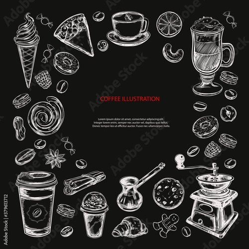 Coffee and Coffee to go background. Vector hand drawn illustrations. Bakery elements. Sketch style. Isolated objects