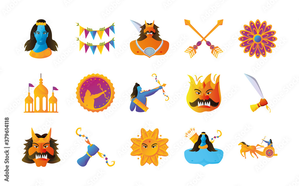 set of icons of the dussehra festival over white background
