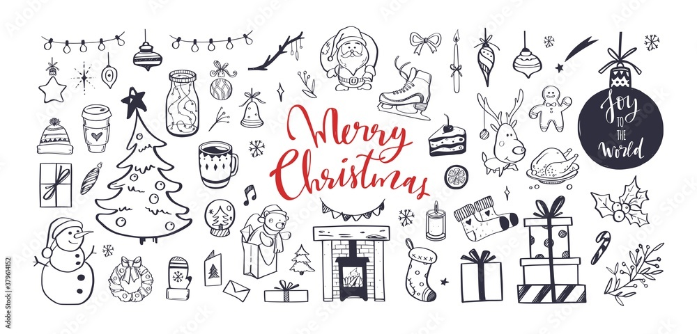 Big set of Christmas design doodle elements. Vector hand drawn lettering, calligraphy . Isolated objects