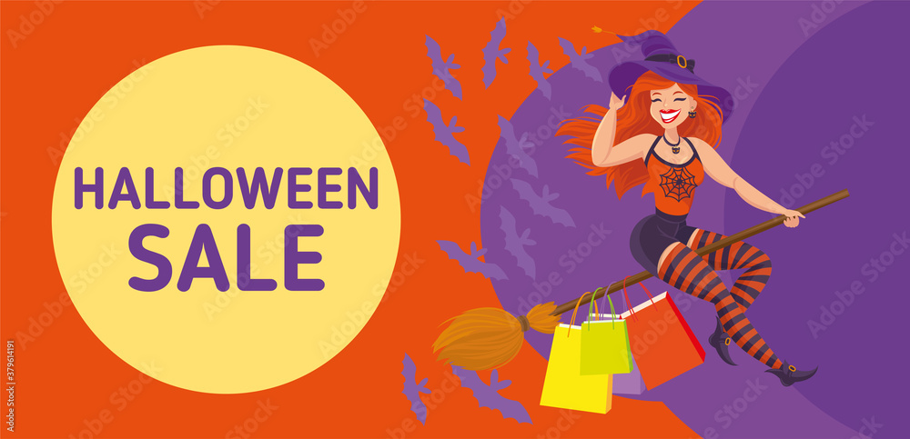 Halloween sale flayer design with  cheerful witch carrying shopping bags flying on a broom on night background. Vector illustration, cartoon character, poster, banner, background