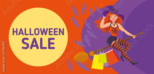 Halloween sale flayer design with  cheerful witch carrying shopping bags flying on a broom on night background. Vector illustration  cartoon character  poster  banner  background