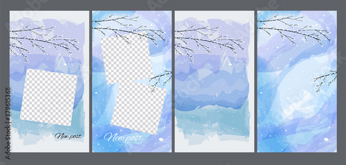 Winter is coming. Editable template for social networks and stories. Winter background with snow-covered frozen tree branches, snowfall on watercolor backdrop. Snowy weather. Falling snow