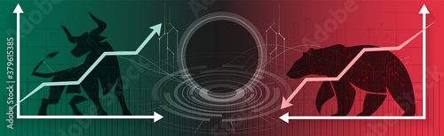 Bull or Bear market trend in crypto currency or stocks. Trade exchange background, up & down arrow graphs. Bullish & bearish Cryptocurrency price & blockchain technology. Global economy boom or crash.