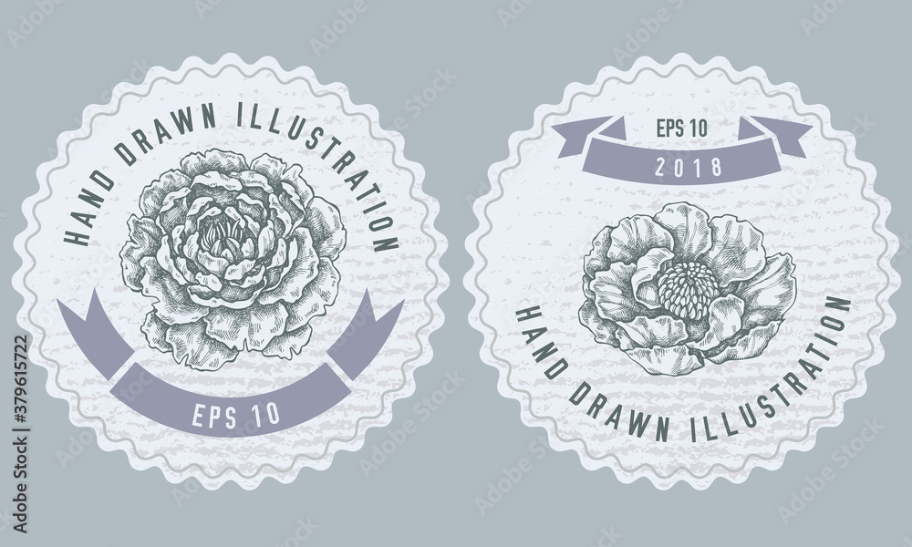 Monochrome labels design with illustration of peony