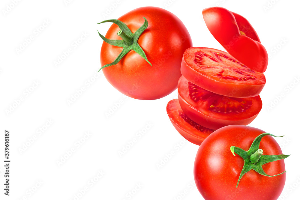Fotografie Beautiful falling ripe tomatoes on a white background