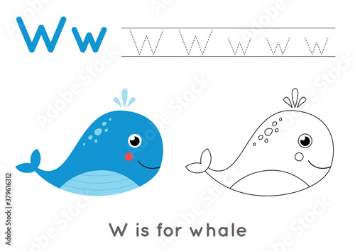 Coloring and tracing page with letter W and cute cartoon whale.