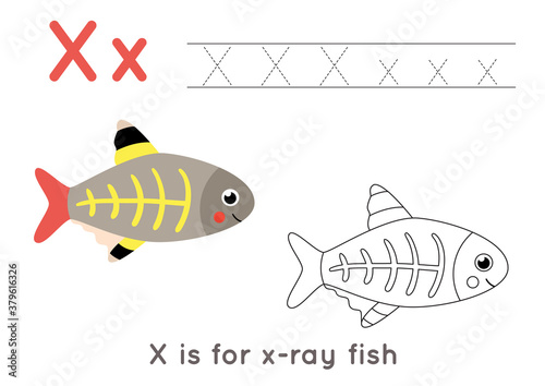 Coloring and tracing page with letter X and cute cartoon x ray fish.