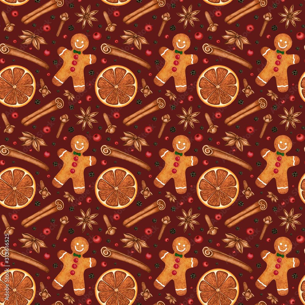 Christmas watercolor seamless pattern. Gingerbread, hot mulled wine spices: dried orange slice, clove buds, anise star, cinnamon stick. Hand drawn background for print, textile, wrapping paper, card