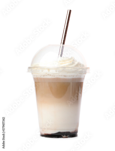 Delicious coffee with whipped cream in plastic cup isolated on white