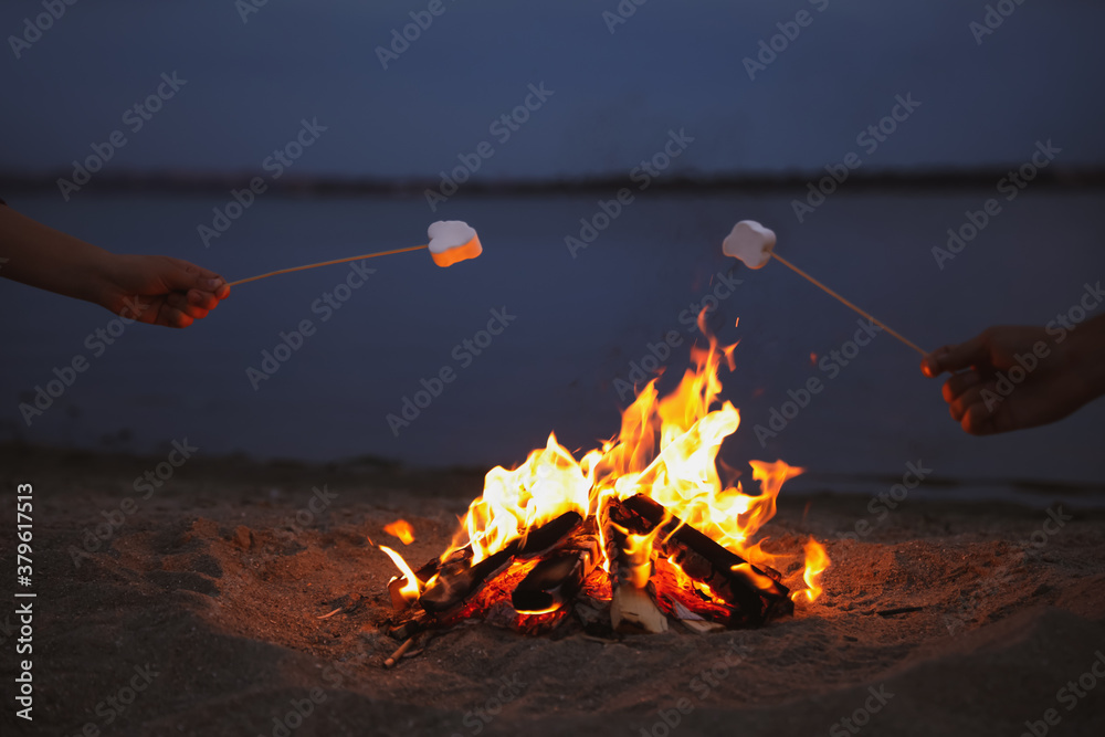 People roasting marshmallows over burning firewood on beach, closeup Stock  Photo | Adobe Stock