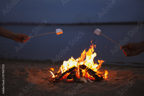 Принти на полотні People roasting marshmallows over burning firewood on beach, closeup